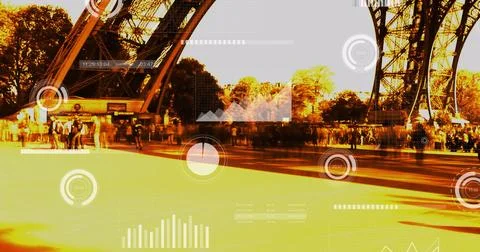 Image of radars, loading circles, bars, graphs over time-lapse of people walking Stock Photos