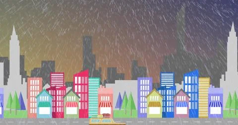 Image of rain falling over cityscape with colourful buildings and boat on river Ilustração Stock