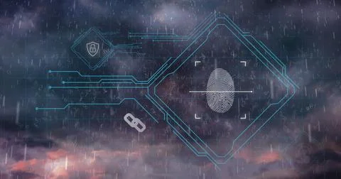 Image of rain falling over interface with biometric fingerprint scanner against Illustrazione stock