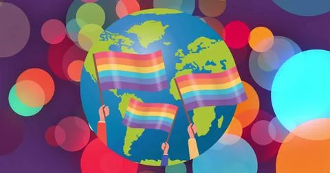 Image of rainbow flags on globe over rainbow spots Stock Photos