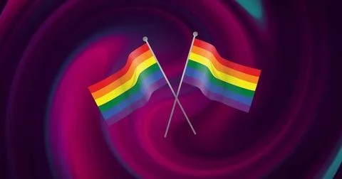Image of rainbow flags over multicolored abstract pattern in background Foto stock
