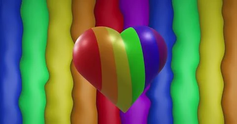 Image of rainbow heart over rainbow stripes and colours moving on seamless loop Stock Photos