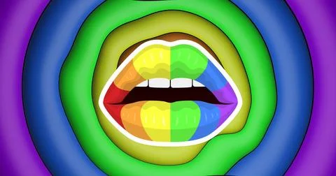 Image of rainbow lips over rainbow circles and colours moving on seamless loop Stock Illustration