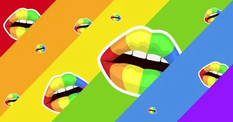 Image of rainbow lips over rainbow background 写真素材