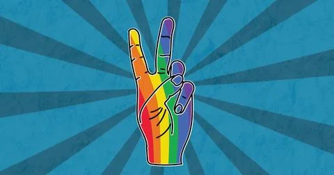 Image of rainbow peace gesture over blue background Stock Photos