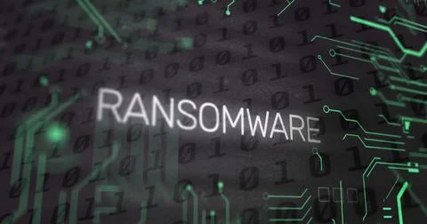 Image of ransomware text and binary coding data processing over computer Stock Illustration