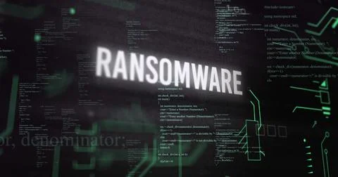 Image of ransomware text and digital data processing over black background Illustrazione stock