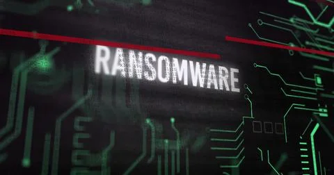 Image of ransomware text and digital data processing over black background Stockillustratie