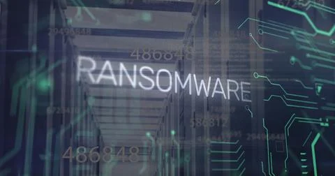 Image of ransomware text and numbers with electronic circuit board pattern over Stock Photos