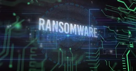 Image of ransomware text over circuit board pattern and changing numbers in 写真素材