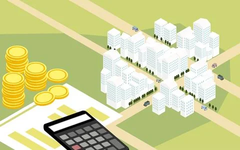 Image of real estate purchase, isometric illustration of building street from a Ilustración de archivo
