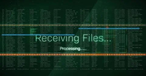 Image of receiving files text and digital data processing over black background Illustrazione stock