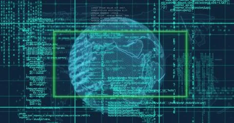 Image of rectangle shape with rotating globe, map and computer language ove.. 写真素材