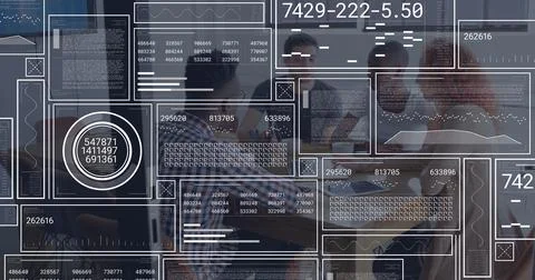 Image of rectangles with loading bars, graphs and numbers over diverse coworkers Stock Photos