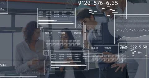 Image of rectangles with numbers, loading bars, data, graphs, diverse coworkers Stock Photos