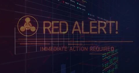 Image of red alert, graphs and financial data over navy background Stock Photos