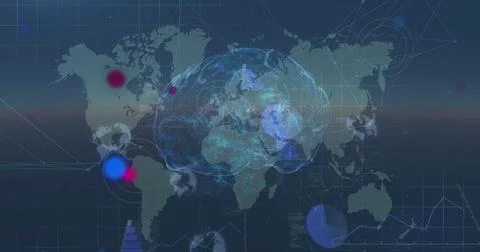 Image of red and blue dots over icons, brain and world map Stock Photos