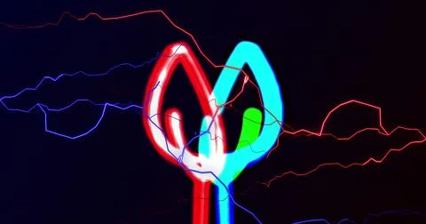 Image of red and blue electrical currents over colourful neon light trails on Stock Illustration
