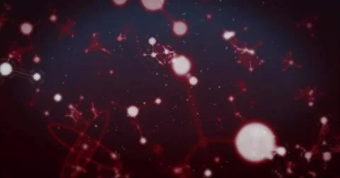 Image of red and white molecules moving on black background Stock Photos