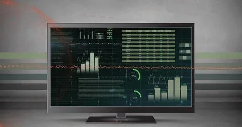 Image of red and white technology background over over diverse data on desk 写真素材