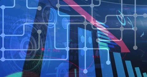 Image of red arrow with statistics processing over scopes scanning Ilustración de archivo