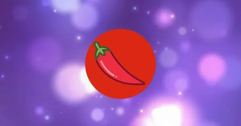 Image of red chili pepper in red circle over moving bokeh lights on purple Illustrazione stock