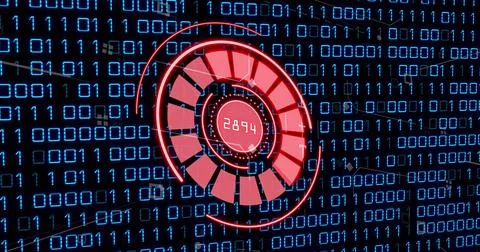 Image of red circle with numbers over binary code Stockillustratie