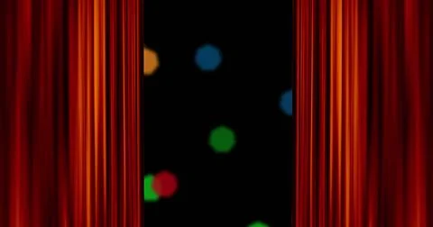 Image of red curtain opening and christmas fairy lights flickering over black Stock Illustration