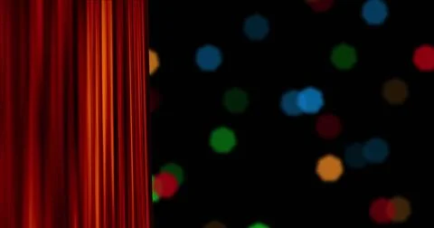 Image of red curtain opens and christmas fairy lights flickering over black Stock Illustration