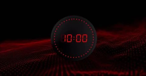 Image of red digital timer changing with dots and red light trails on black Stockillustratie