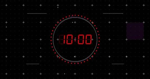 Image of red digital timer changing with dots and circles on black background Stock Illustration
