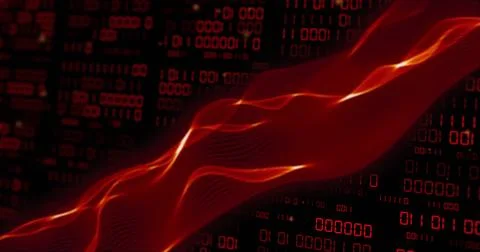 Image of red flowing data transfer and binary coding over black background Stock Photos