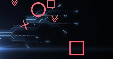 Image of red geometric shape with circuit board pattern over black background Illustrazione stock