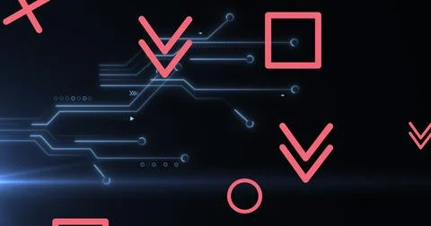 Image of red geometric shape with circuit board pattern over black background Stock Photos