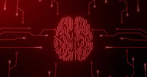 Image of red glowing human brain with computer mother board circuit over black 스톡 일러스트