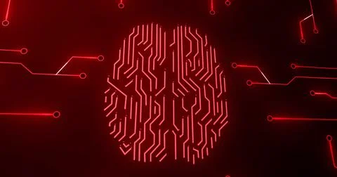 Image of red glowing human brain with computer mother board circuit over black Stock Illustration