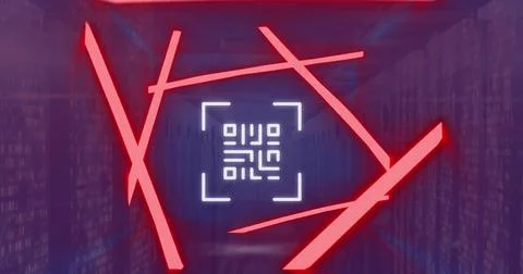 Image of red glowing light trails over barcode scanner against mosaic square Foto stock