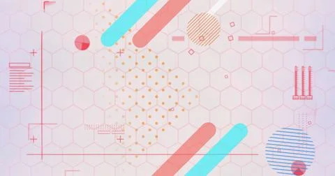 Image of red glowing lines and abstract shapes on network of hexagons on pink Stock Photos