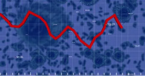 Image of red graph with data processing over virus cells Stock Illustration