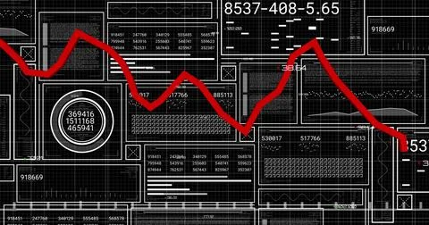 Image of red graph over interfaces with data processing against black background Stock Illustration