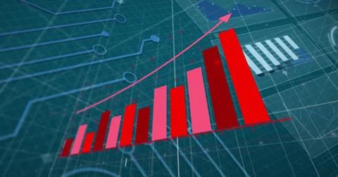 Image of red graph over motherboard, charts and data processing Stock Photos