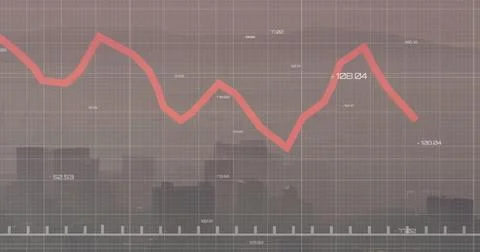 Image of red graph processing data over misty cityscape Stock Photos