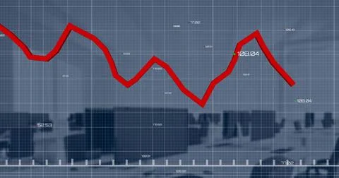 Image of red graph processing data over computers on desks at office Foto stock