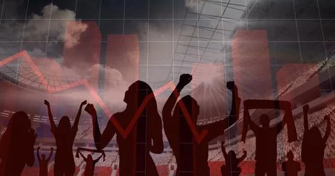 Image of red graphs and data processing over cheering fans at sports stadium 스톡 일러스트