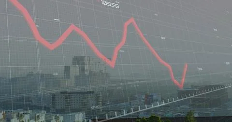 Image of red graphs processing data over misty cityscape Foto stock