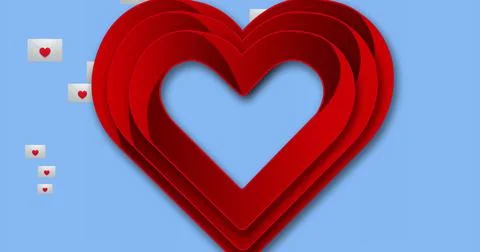 Image of red heart shape and white envelopes sealed with red hearts on blue Illustrazione stock