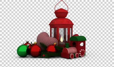Image of red lantern, toy train and red and green christmas baubles イラスト素材