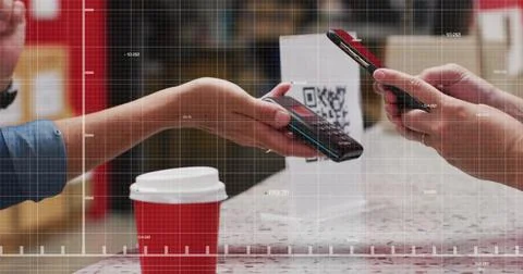 Image of red line and data processing over woman paying using smartphone Foto stock