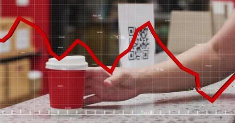 Image of red line and data processing over woman paying using smartphone Foto stock