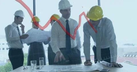 Image of red line and data processing over diverse architects with plans in Stock Photos